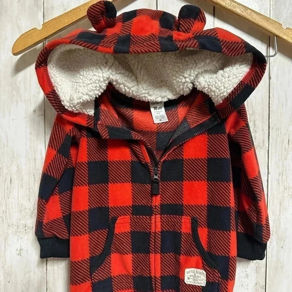 Carter’s 18M Fleece Buffalo Plaid One-Piece - Picture 3 of 5